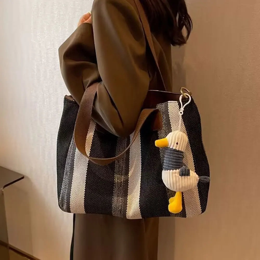 Tote Bag Canvas Rayé Grande Capacité — Sac Bandoulière Casual Unisexe