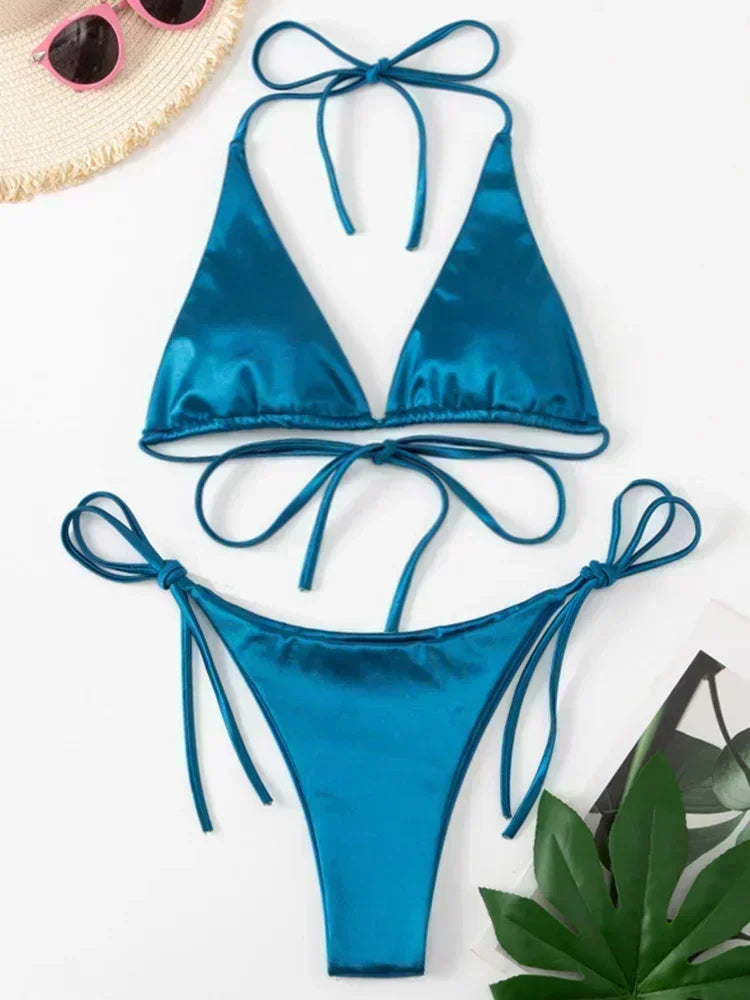 Bikini Satin Métallisé Halter — Deux Pièces Femme