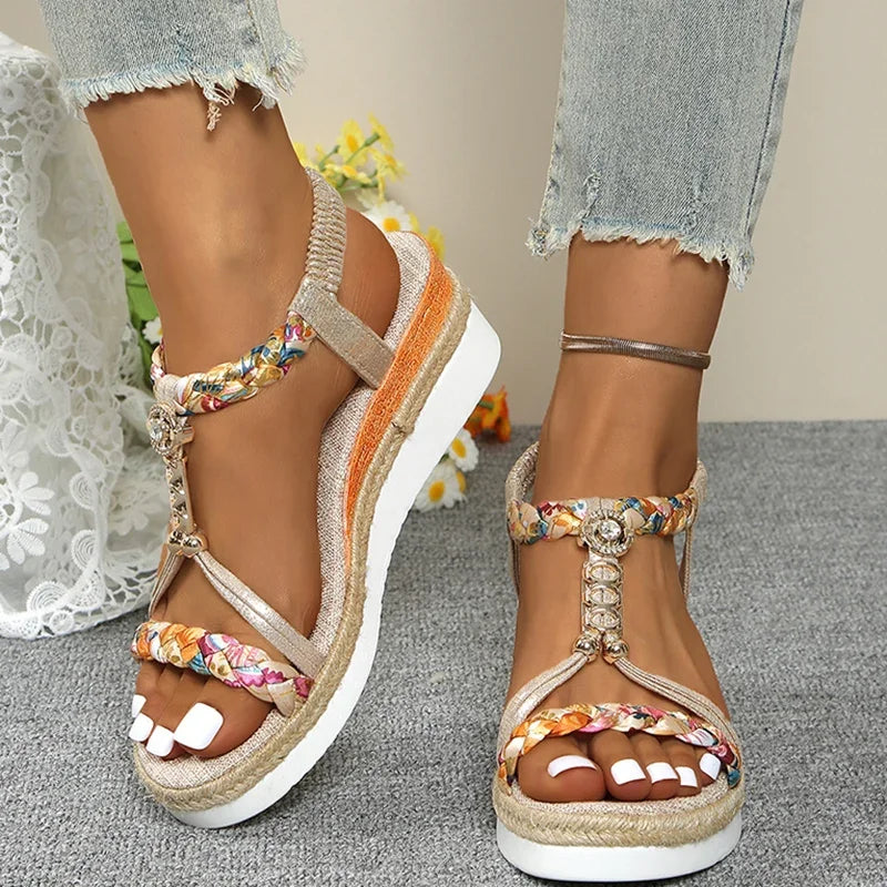 Sandales T-Strap Plateforme Wedge Femme — Talon 6cm Bicolore Or & Argent Été
