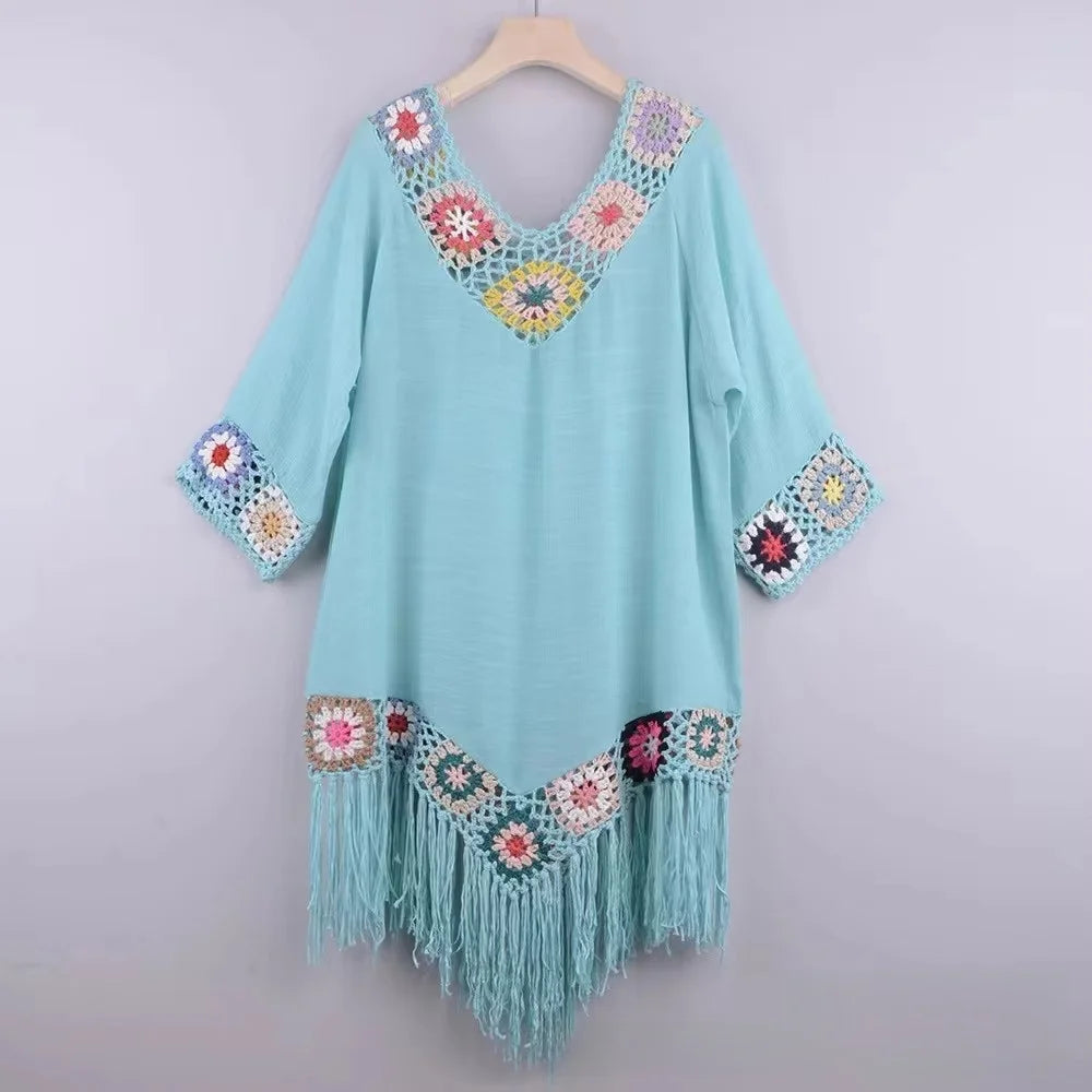 Robe Cover-Up Plage à Franges Crochet Ajourné — Col V Casual Femme