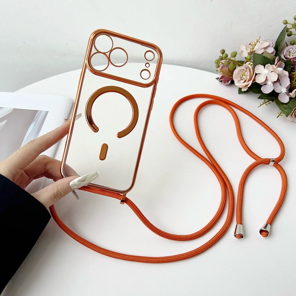 Coque Transparente Magnétique avec Lanière — iPhone 11 à 17 Pro Max, Compatible MagSafe