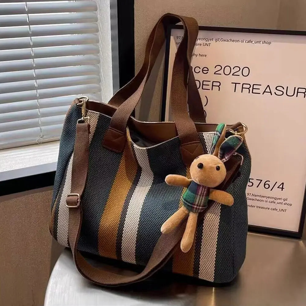 Tote Bag Canvas Rayé Grande Capacité — Sac Bandoulière Casual Unisexe