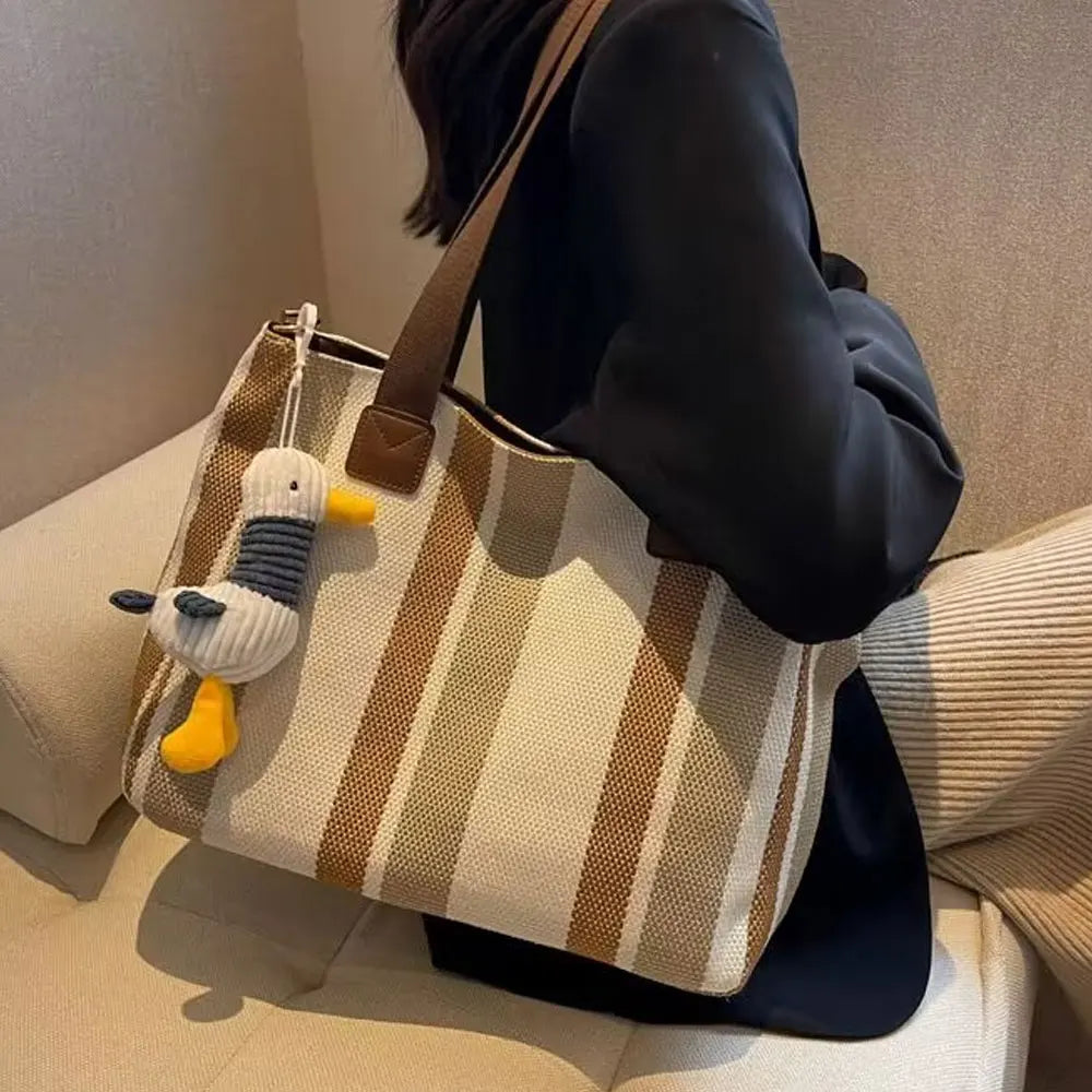 Tote Bag Canvas Rayé Grande Capacité — Sac Bandoulière Casual Unisexe