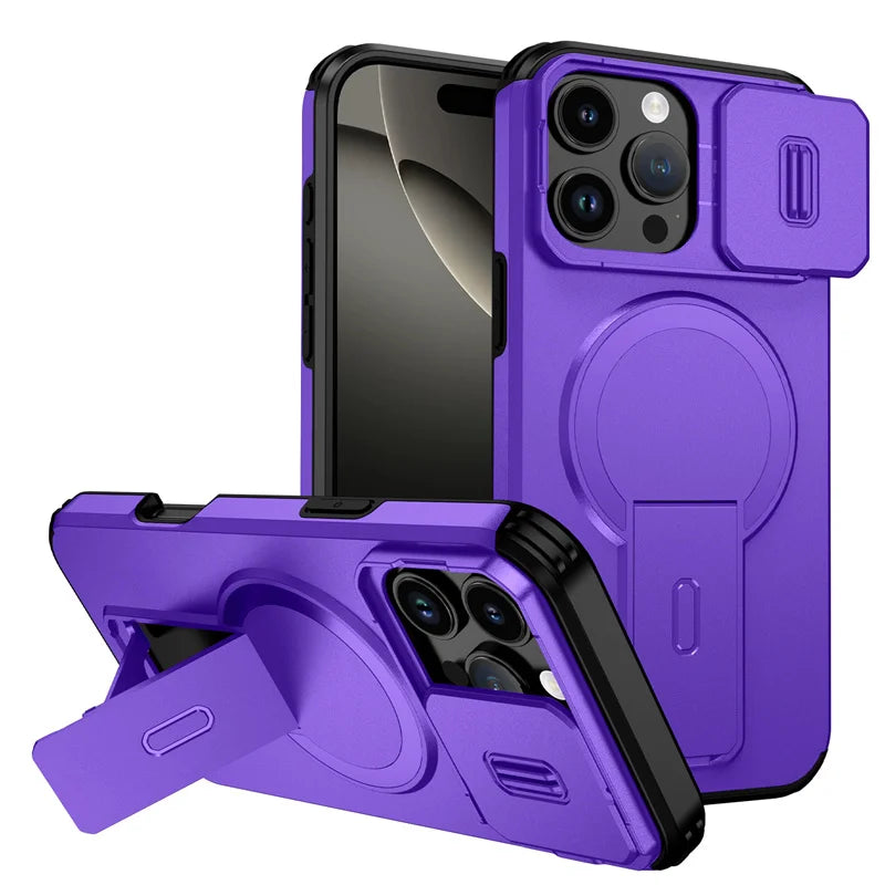 Coque MagSafe iPhone — Protection Objectif Coulissante, Support Intégré, Charge Sans Fil