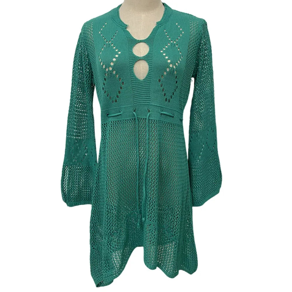 Chemise Cover-Up Plage Tricot Ajourné Col V — Protection Solaire Casual Femme