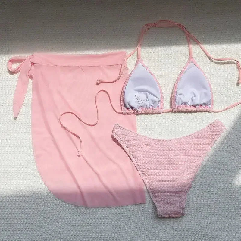 Bikini 3 Pièces Rose Col V Halter — Maillot de Bain Femme Plage