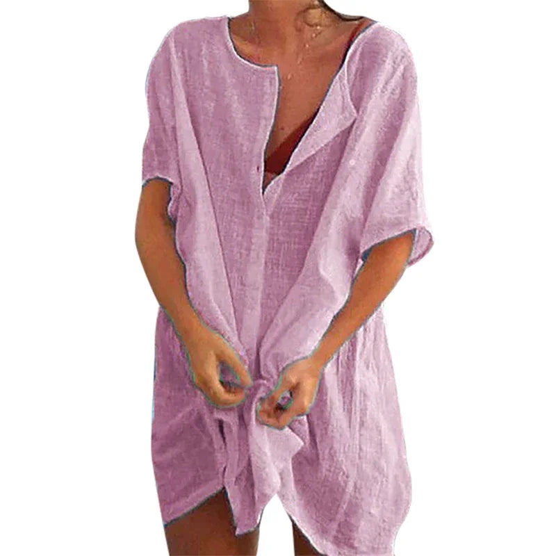 Chemise de Plage Coton Lin Longue — Blouse Cover-Up Casual Femme