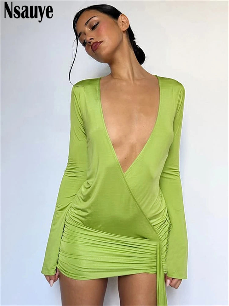 Mini Robe Bodycon Manches Longues Col V Dos Nu — Soirée Club Été Femme