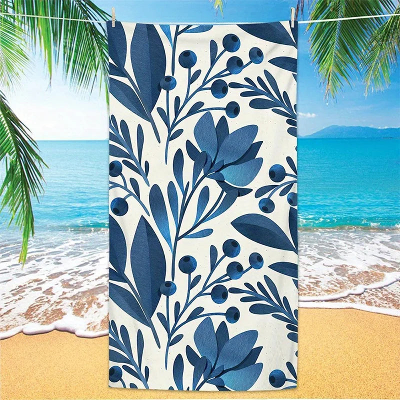 Serviette de Plage Motif Feuilles Bleues — Séchage Rapide, Anti-UV & Coupe-Vent