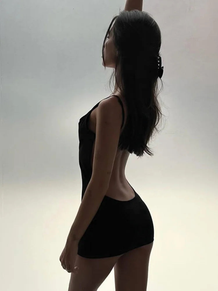 Robe Noire Dos Nu Bretelles Y2K — Robe Soirée Sexy Femme Club