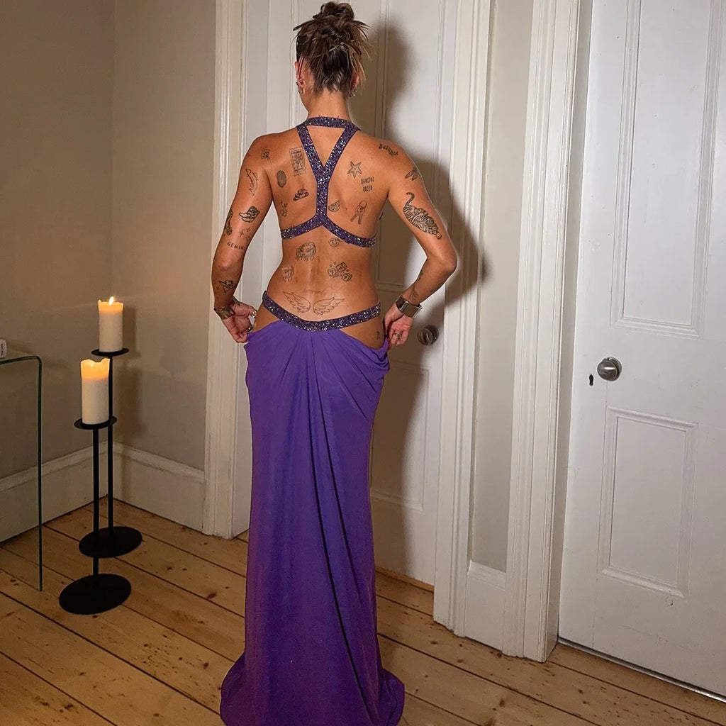 Robe Maxi Halter Dos Nu — Robe Longue Soirée Femme Verte & Violette
