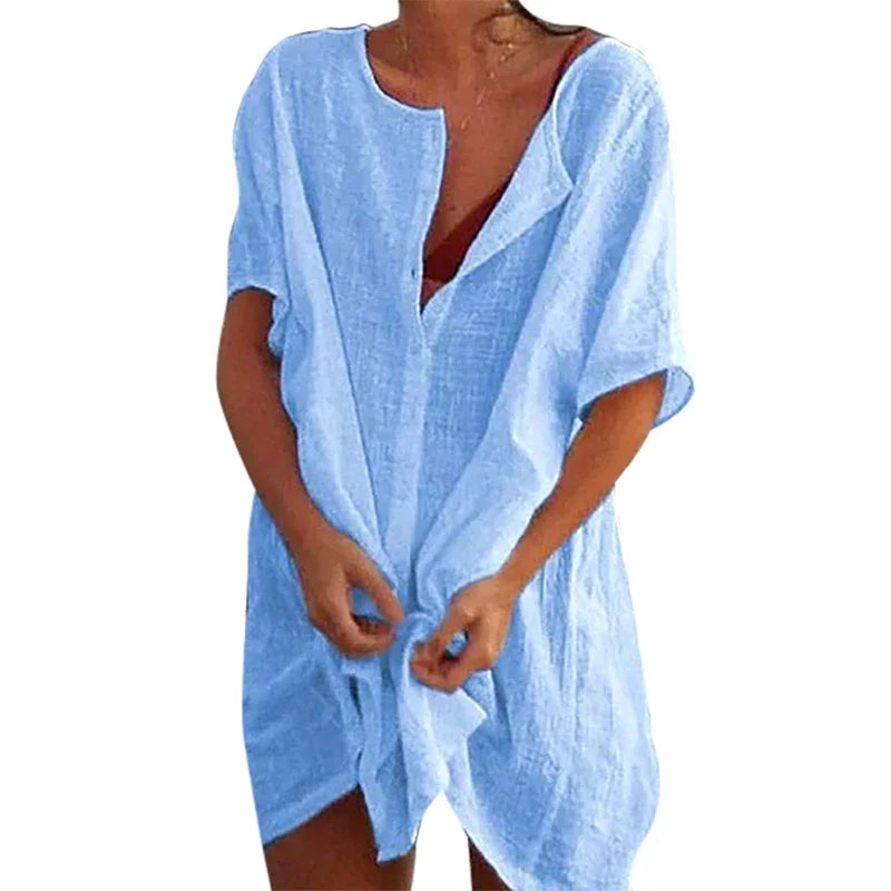 Chemise de Plage Coton Lin Longue — Blouse Cover-Up Casual Femme