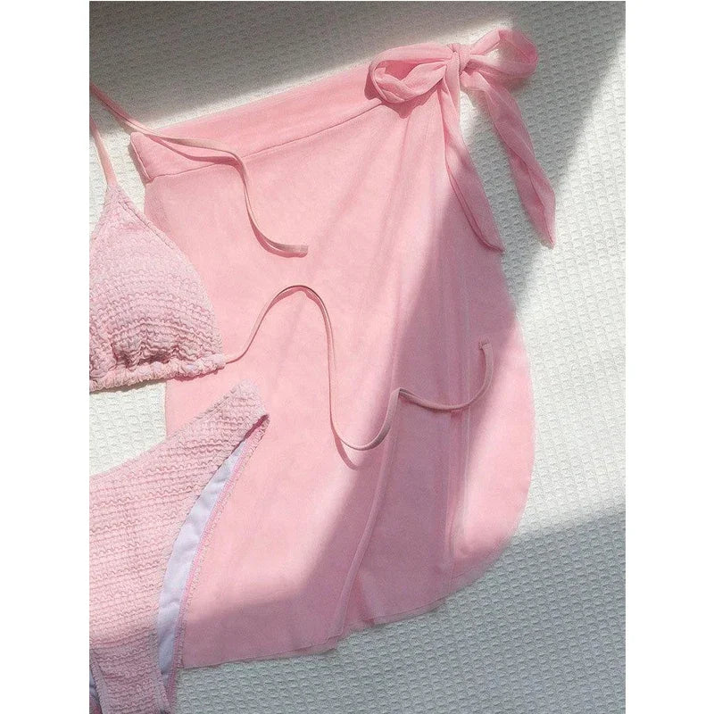 Bikini 3 Pièces Rose Col V Halter — Maillot de Bain Femme Plage