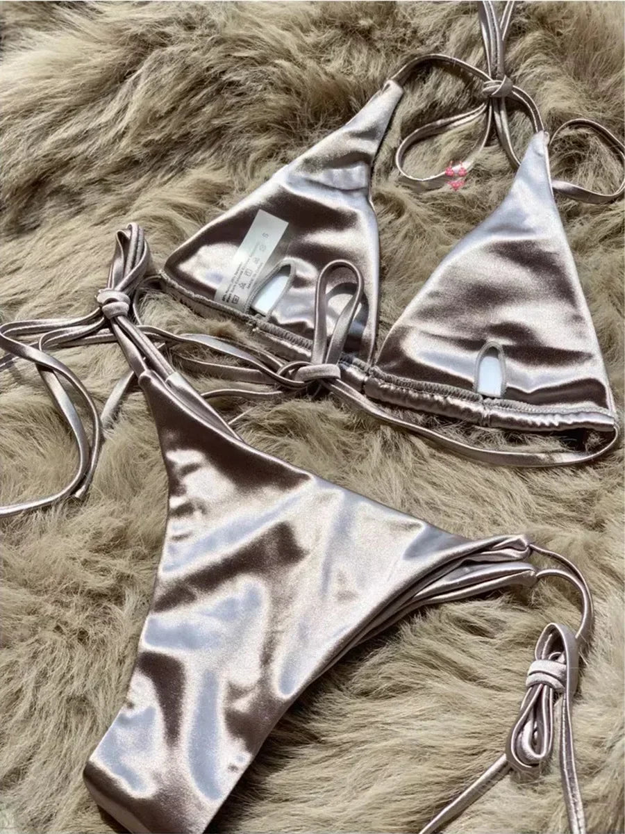 Bikini Satin Métallisé Halter — Deux Pièces Femme