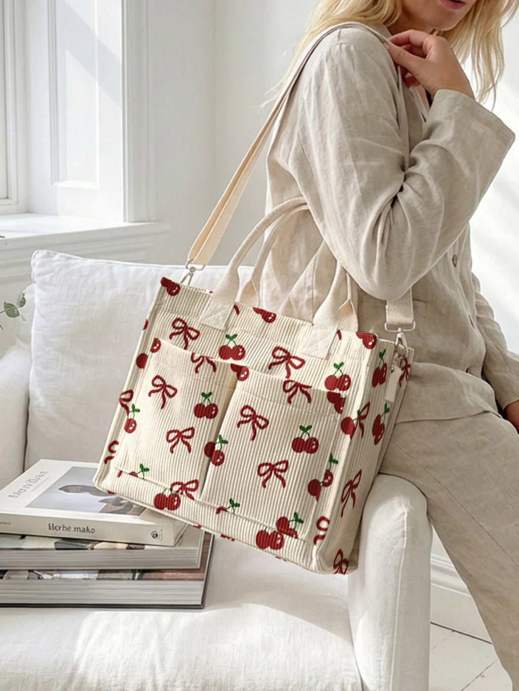 Tote Bag Velours Côtelé Motif Cerise & Nœud — Sac Cabas Grande Capacité Femme