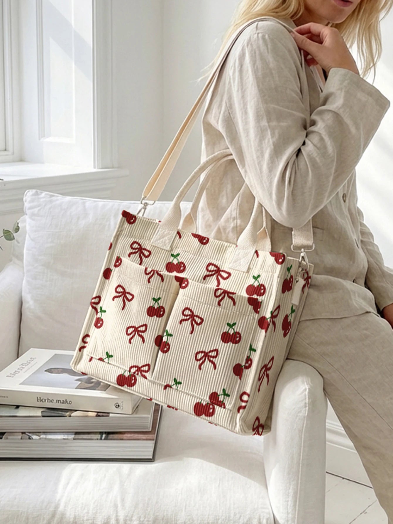 Tote Bag Velours Côtelé Motif Cerise & Nœud — Sac Cabas Grande Capacité Femme