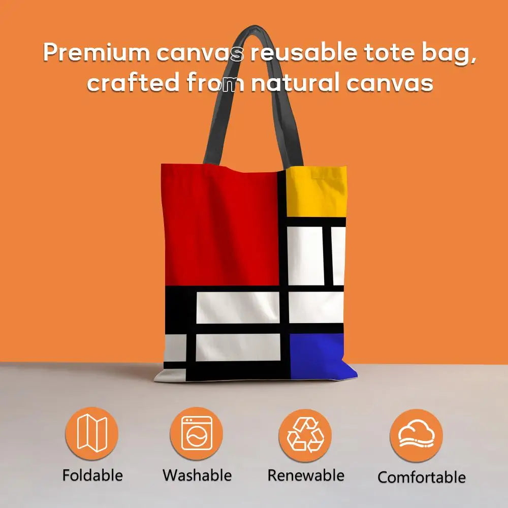 Tote Bag Canvas Style Mondrian — Sac Courses Éco-Responsable Grande Capacité