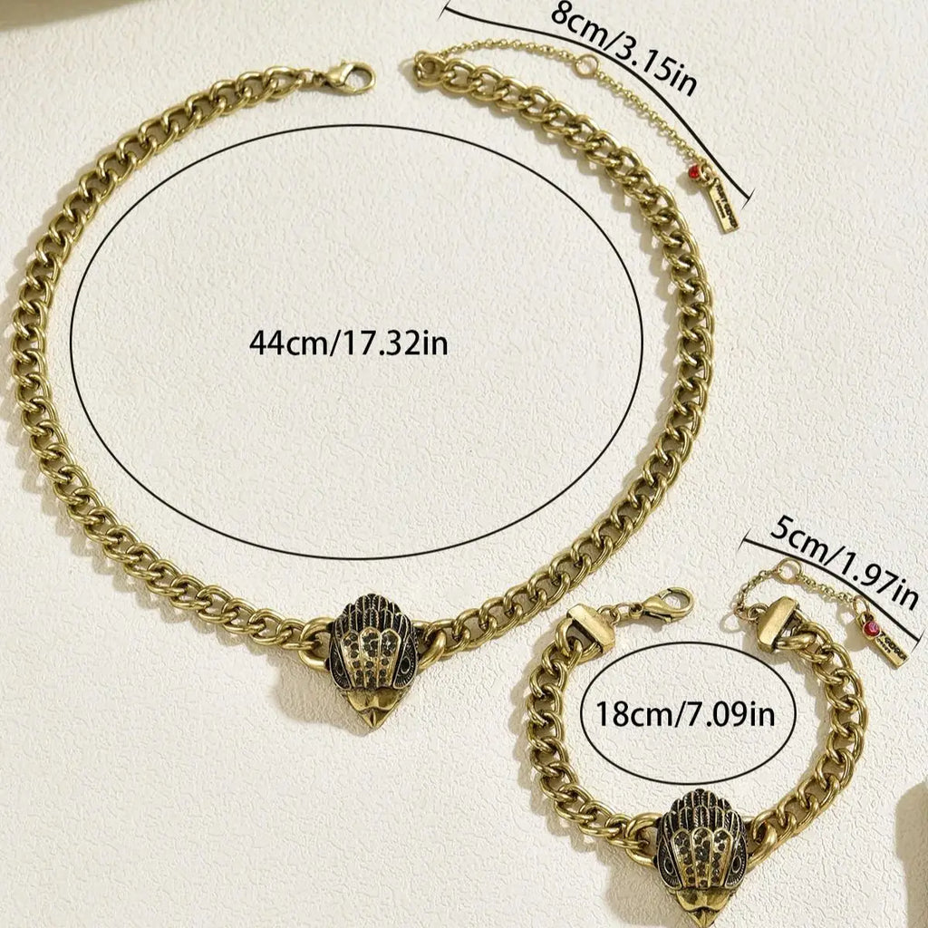 Ensemble Bijoux Punk 2 Pièces — Collier + Bracelet Chaîne Gourmette Tête d’Aigle Or Antique, Femme