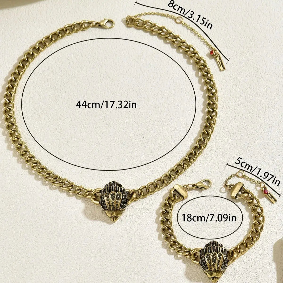 Ensemble Bijoux Punk 2 Pièces — Collier + Bracelet Chaîne Gourmette Tête d’Aigle Or Antique, Femme