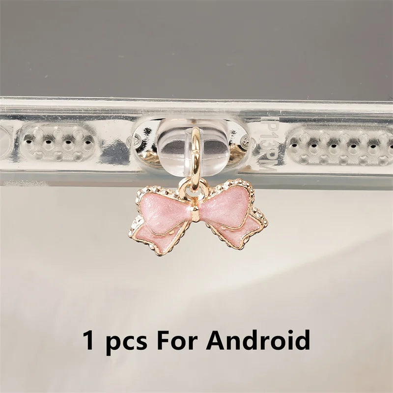Bouchon Anti-poussière Nœud Papillon Rose & Blanc — Port Lightning, USB-C & Android