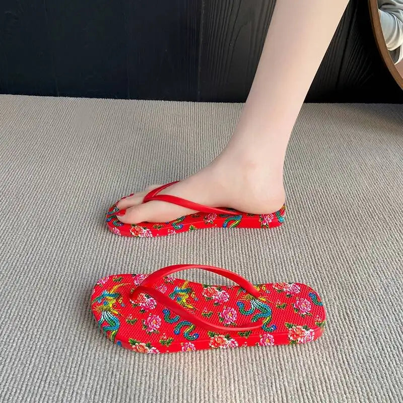 Tongs Couple Imprimé Floral Rétro – Sandales Plage Bout Pince Été 2026