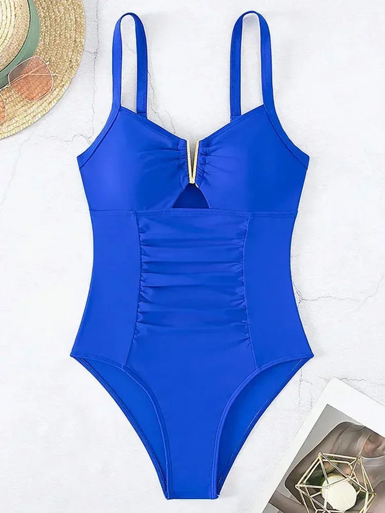 Maillot Une Pièce Col V Plissé High Cut 2026 — Bodysuit Slim Gainant Femme