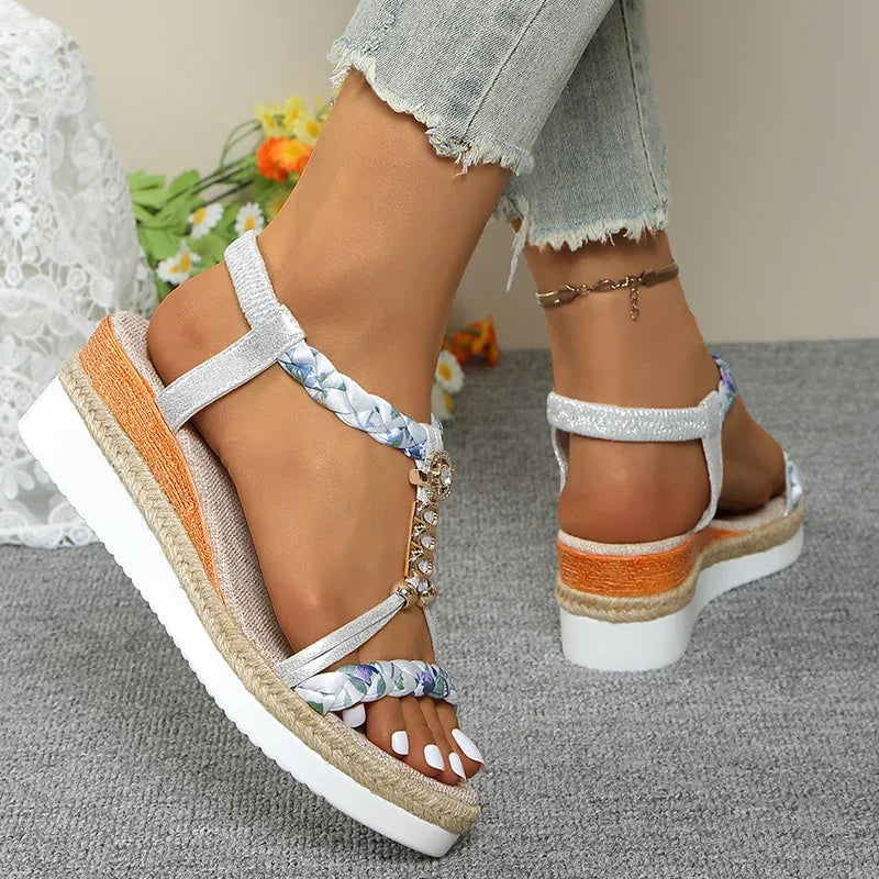 Sandales T-Strap Plateforme Wedge Femme — Talon 6cm Bicolore Or & Argent Été