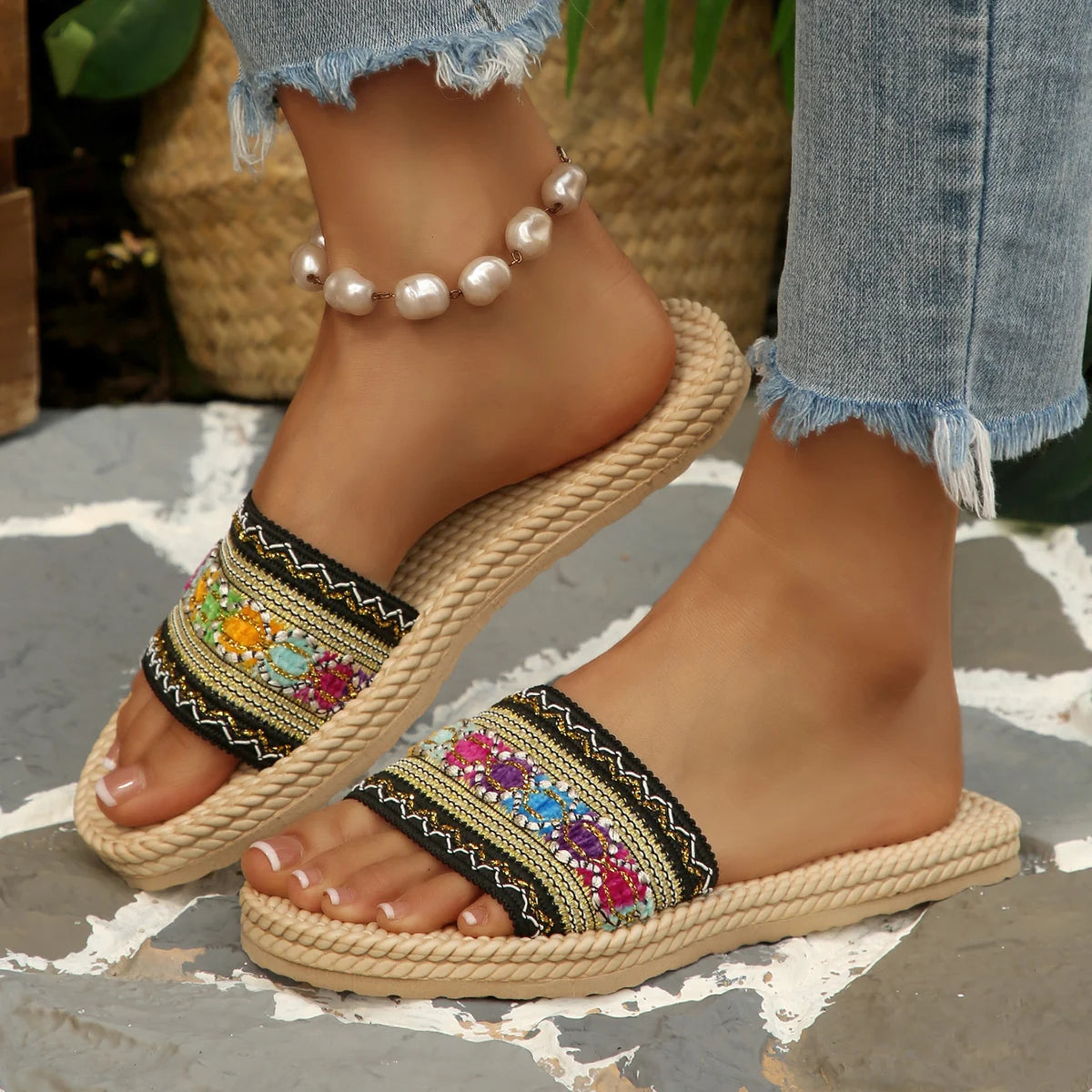 Mules Bohème Femme Été — Sandales À Franges Grande Taille Plage
