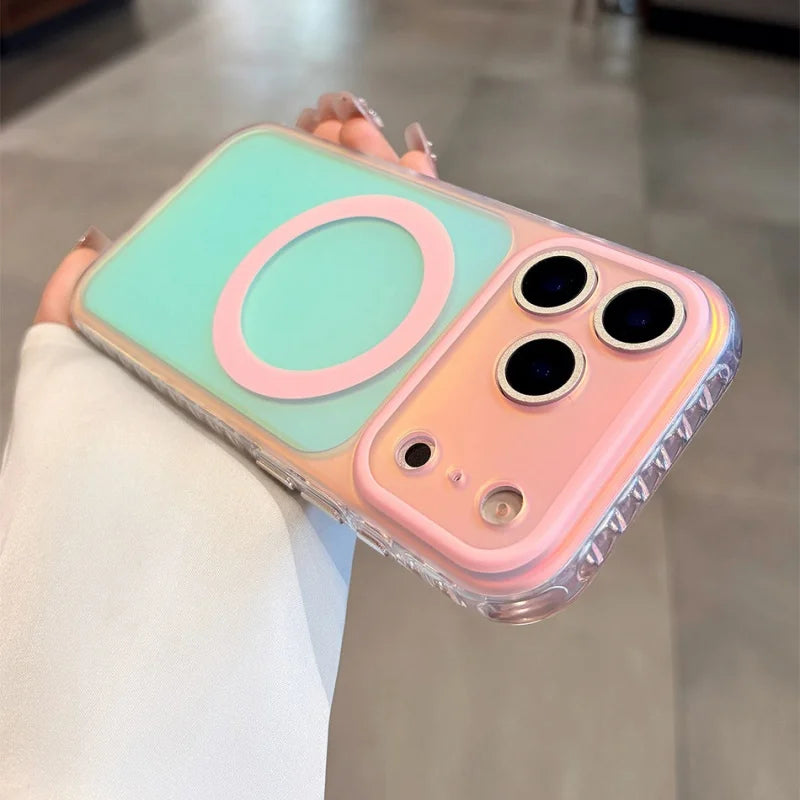 Coque Aurora Laser Gradient MagSafe — iPhone 15 à 17 Pro Max, Candy Color, Chargement Sans Fil