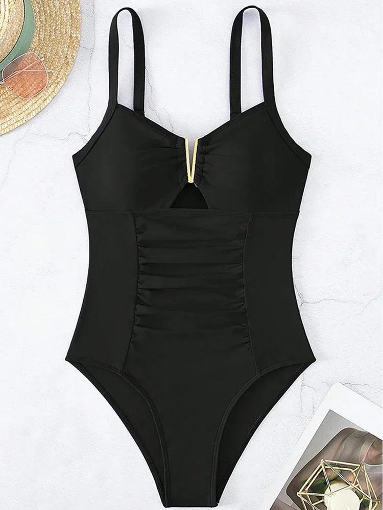Maillot Une Pièce Col V Plissé High Cut 2026 — Bodysuit Slim Gainant Femme
