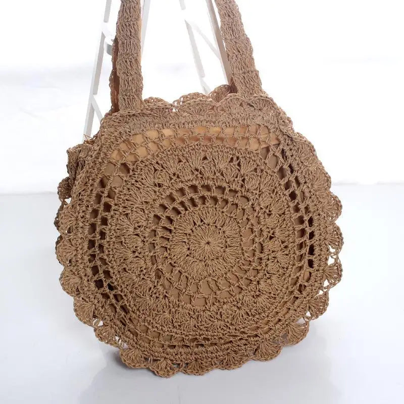 Sac Tote Paille Rond Tressé — Grand Sac de Plage Fait Main Femme Été