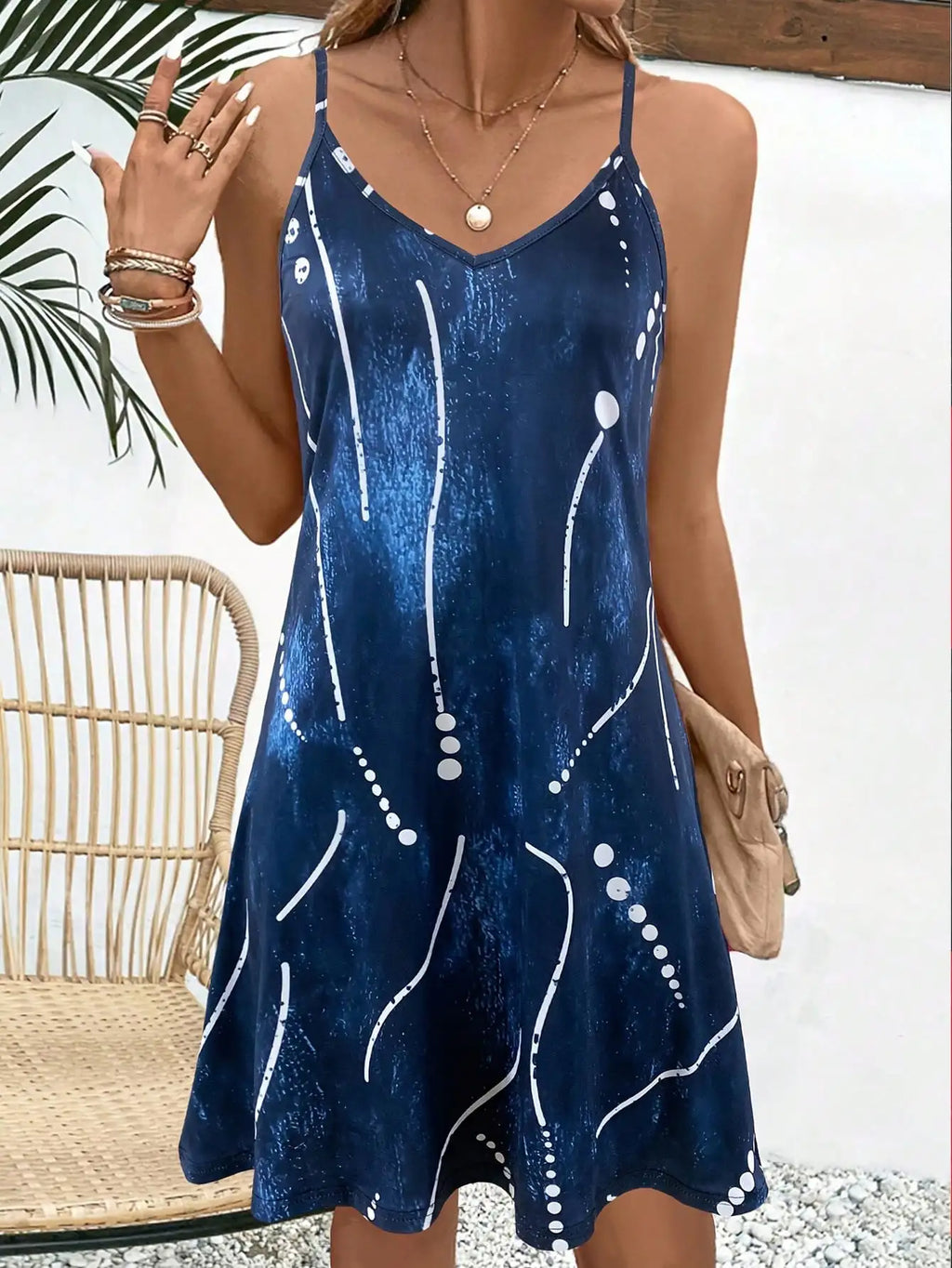 Robe Été Imprimé Abstrait Bleu — Robe Fluide Bretelles Femme Vacances