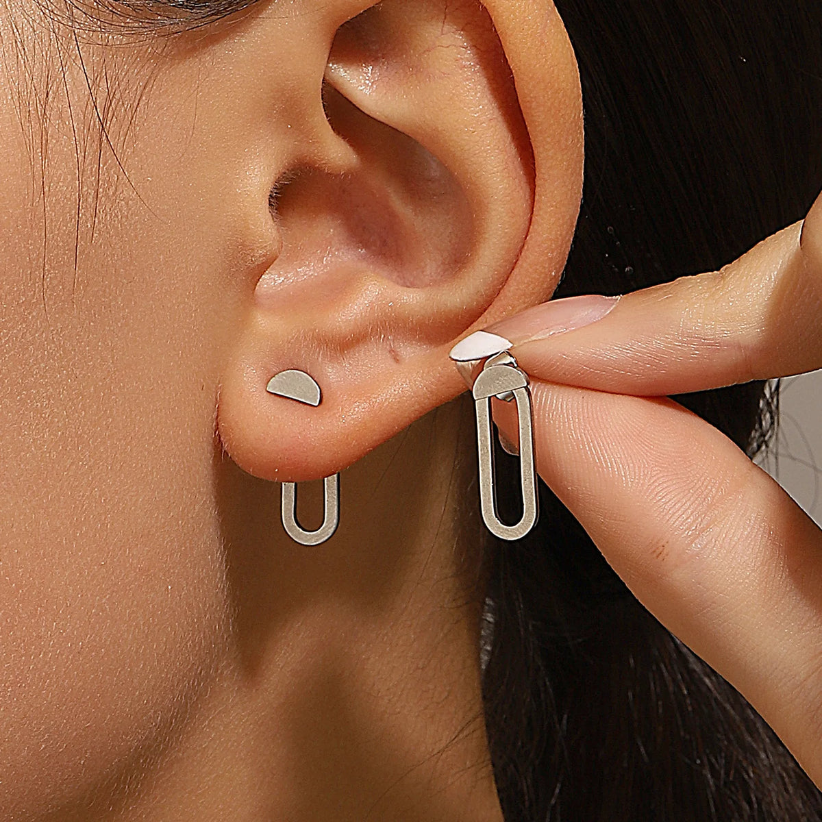 Boucles d'Oreilles Géométriques Carrées — Puces Triangles Détachables Acier Femme
