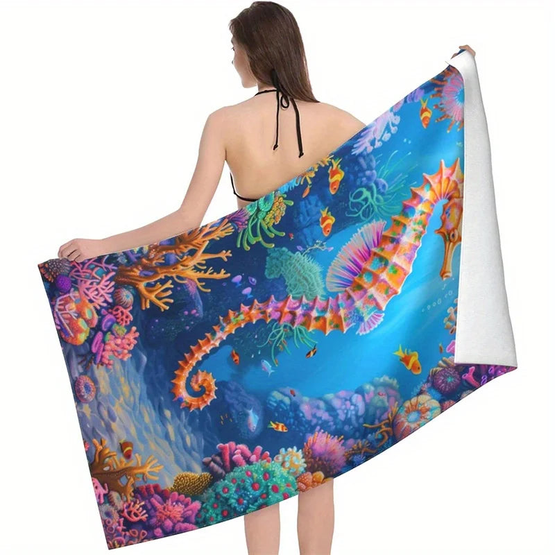 Serviette de Plage Hippocampe et Corail — Séchage Rapide, Anti-UV, Anti-Sable
