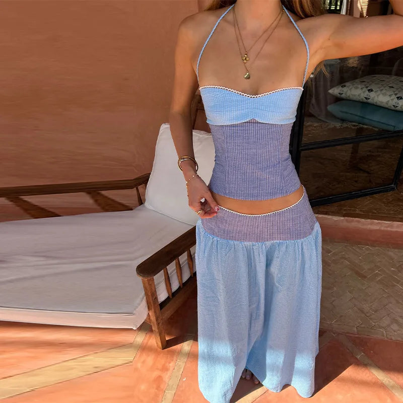Ensemble 2 Pièces Femme — Top Halter Sans Manches + Pantalon Large Été Chic
