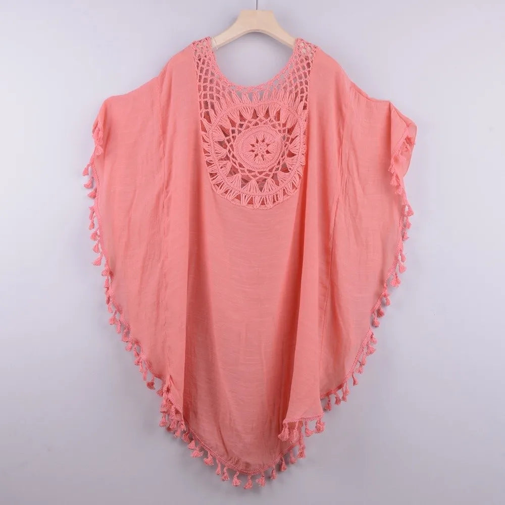 Tunique Cover-Up Plage Tricot Ajourné à Franges — Motif Tournesol Grande Taille Femme