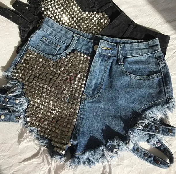 Short Jean Rivets & Franges Femme Taille Haute – Dénim Loose Été