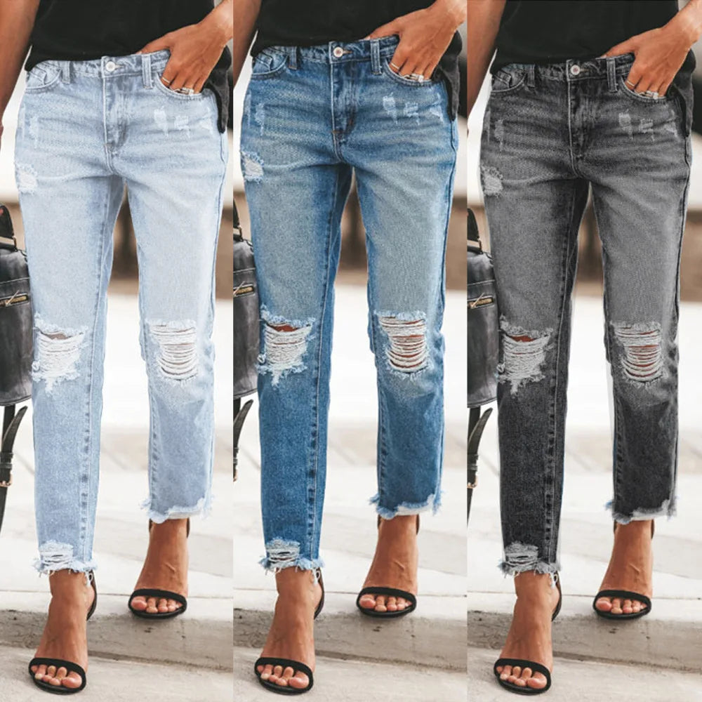 Jean Slim Destroyé Femme Taille Haute – Coupe Droite Bureau & Casual