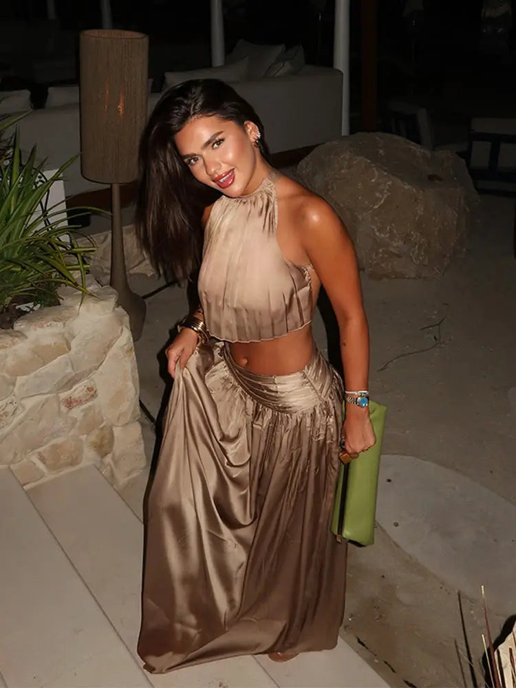 Ensemble Luxe Crop Top Halter & Jupe Maxi — Tenue Soirée Formelle Femme
