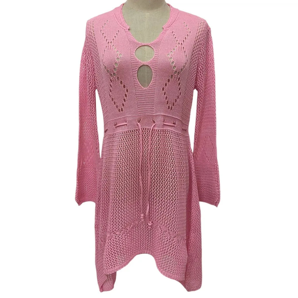 Chemise Cover-Up Plage Tricot Ajourné Col V — Protection Solaire Casual Femme