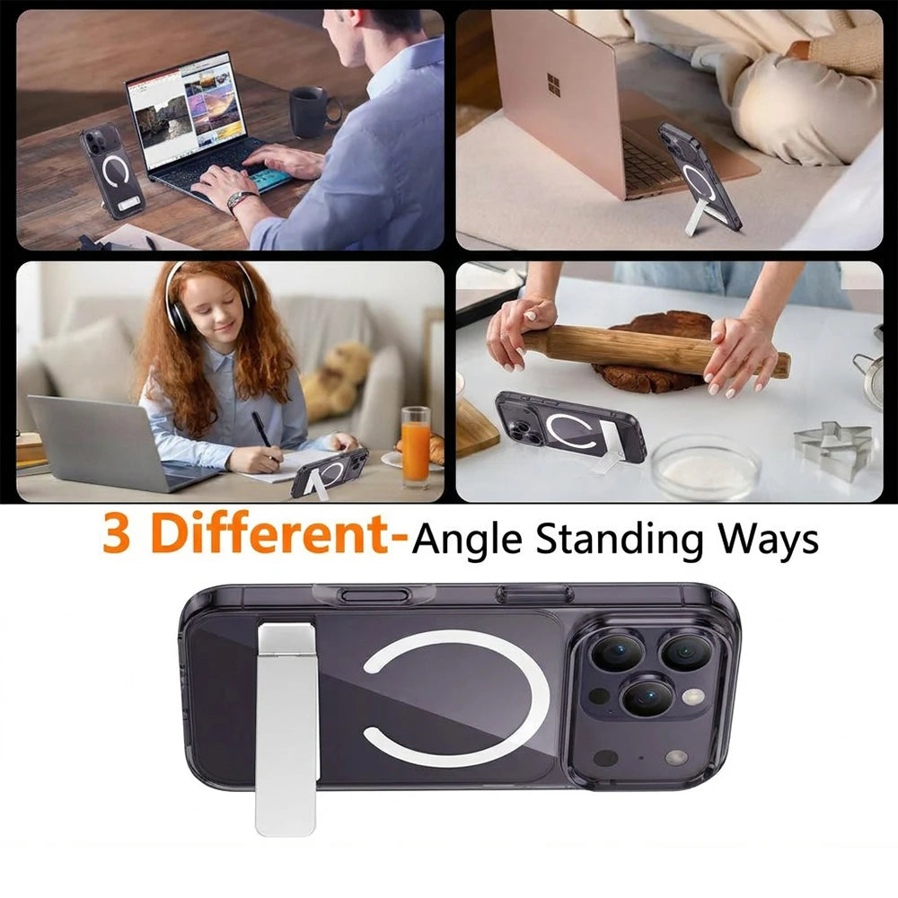 Coque Transparente Magnétique avec Support Pliable — Anti-Jaunissement Slim iPhone 11 à 17 Pro Max