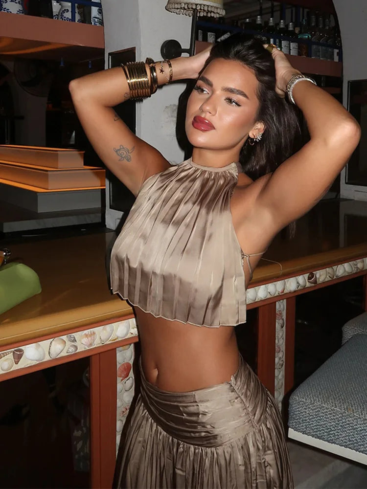 Ensemble Luxe Crop Top Halter & Jupe Maxi — Tenue Soirée Formelle Femme