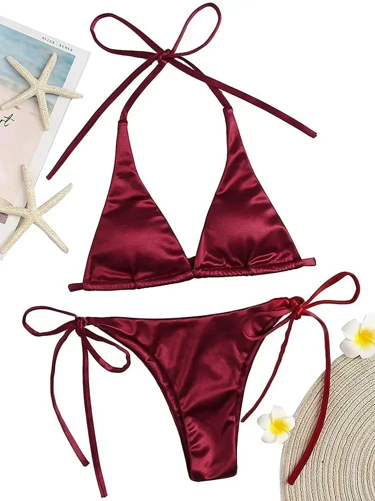 Bikini Satin Métallisé Halter — Deux Pièces Femme