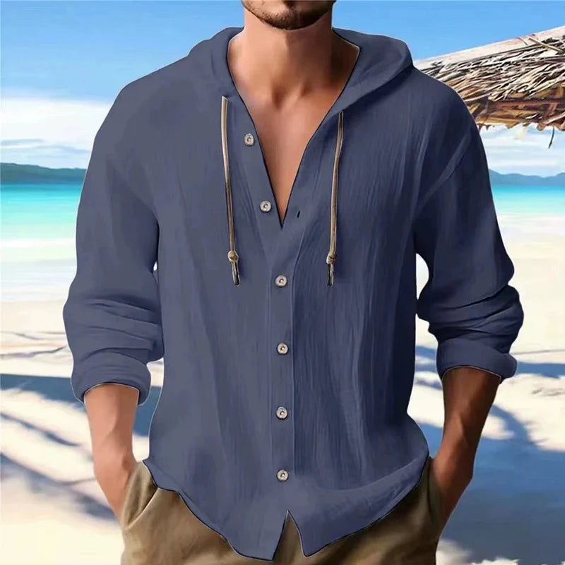 Chemise en Lin Homme à Capuche – Manches Longues, Style Streetwear