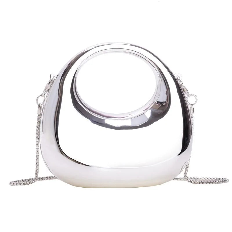 Mini Pochette Demi-Lune Métal Brillant — Clutch Soirée Chaîne Femme Style Diamant