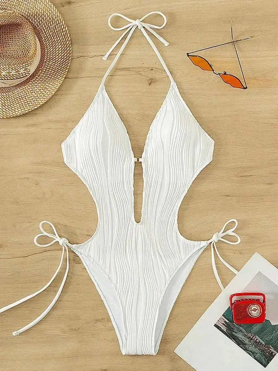 Monokini Halter V Dos Nu High Cut 2026 — Maillot Une Pièce Froncé Femme