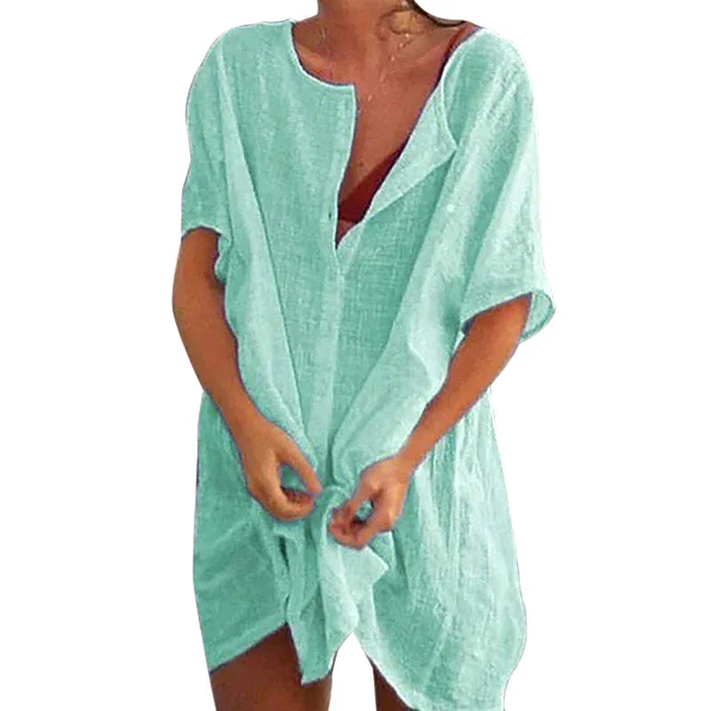 Chemise de Plage Coton Lin Longue — Blouse Cover-Up Casual Femme