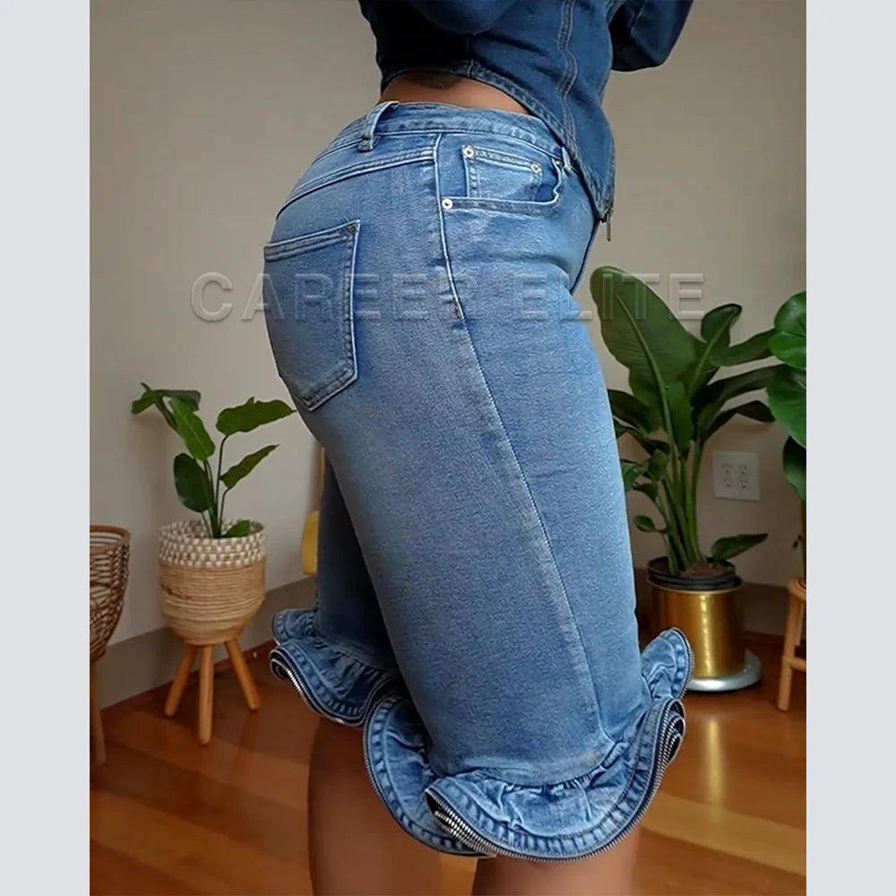 Short Jean Taille Haute Ourlet Volanté Femme – Longueur Genou Stretch Streetwear