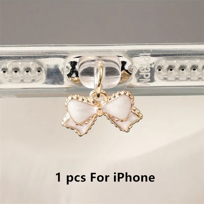 Bouchon Anti-poussière Nœud Papillon Rose & Blanc — Port Lightning, USB-C & Android