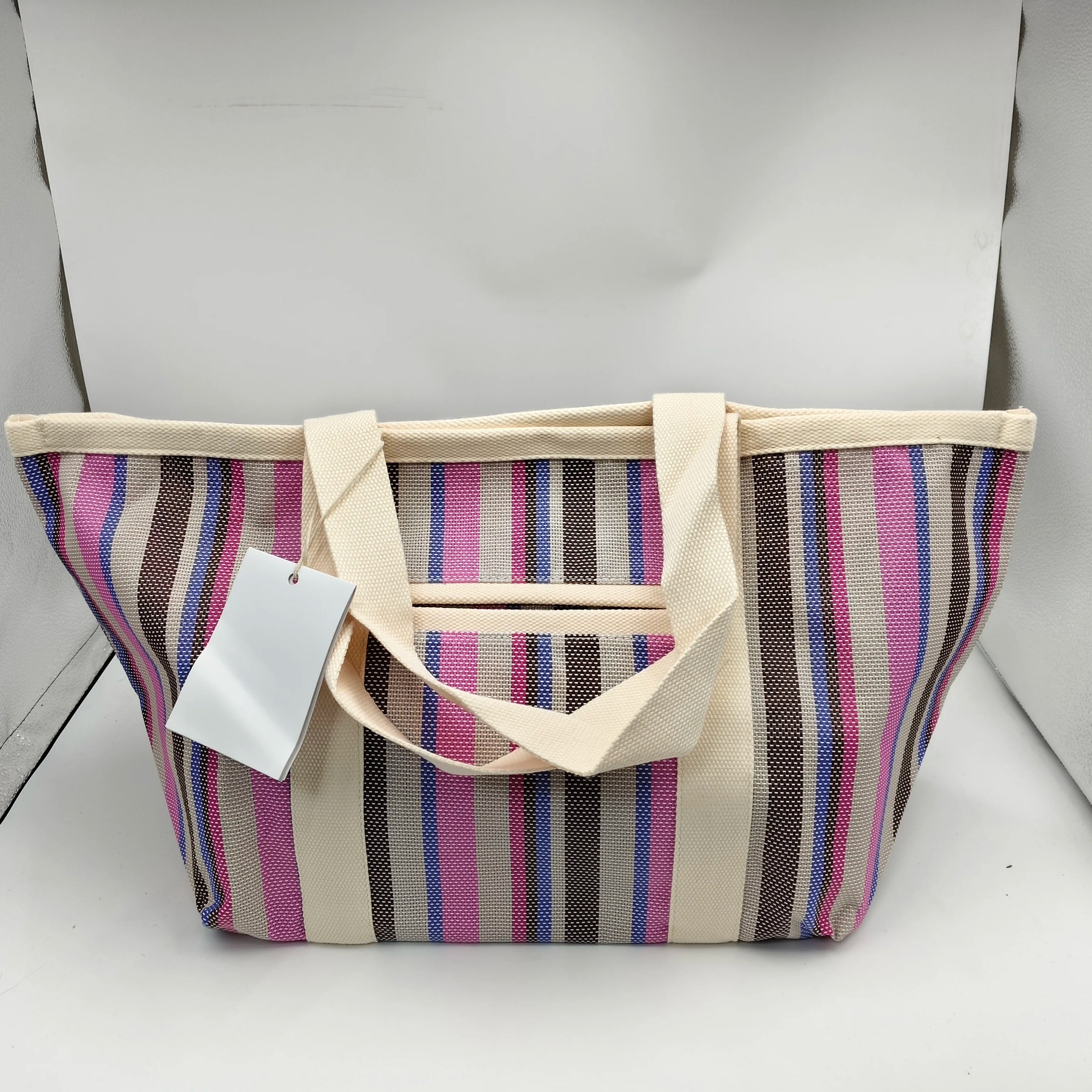 Sac Cabas Rayé Été — Tote Bag Nylon Grande Capacité Multi-Poches Réutilisable